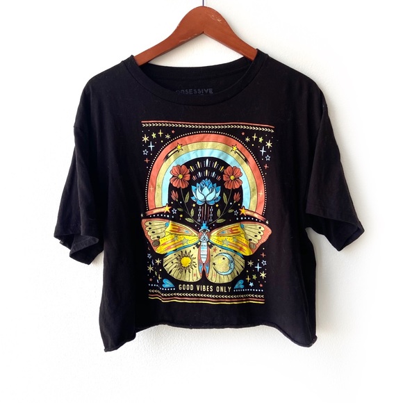 obsessive love Tops - Black Boho Spiritual Butterfly Crop Graphic Tee